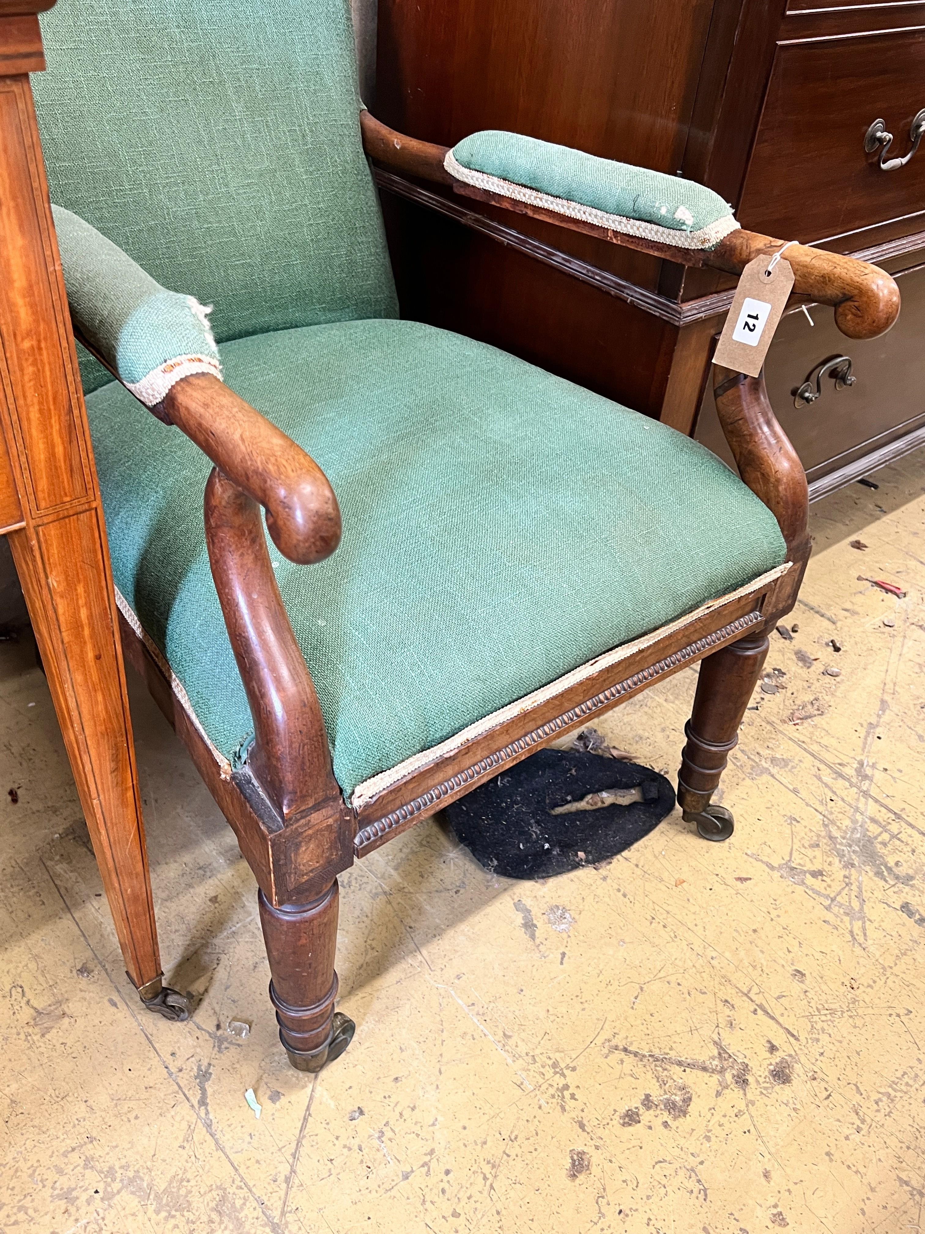 An early Victorian mahogany framed upholstered open armchair, width 52cm, depth 70cm, height 84cm
